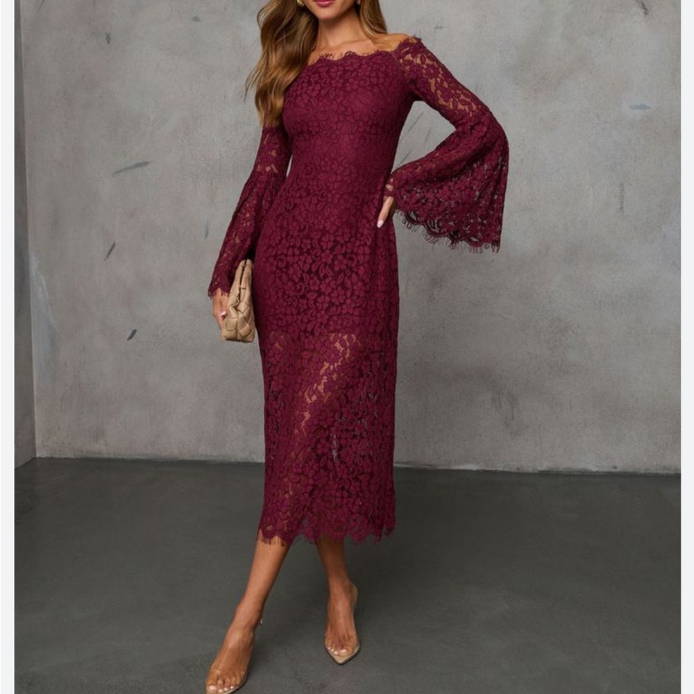 NWT Endless Rose Burgundy Off-Shoulder Bell Sleeve Dress. Size S